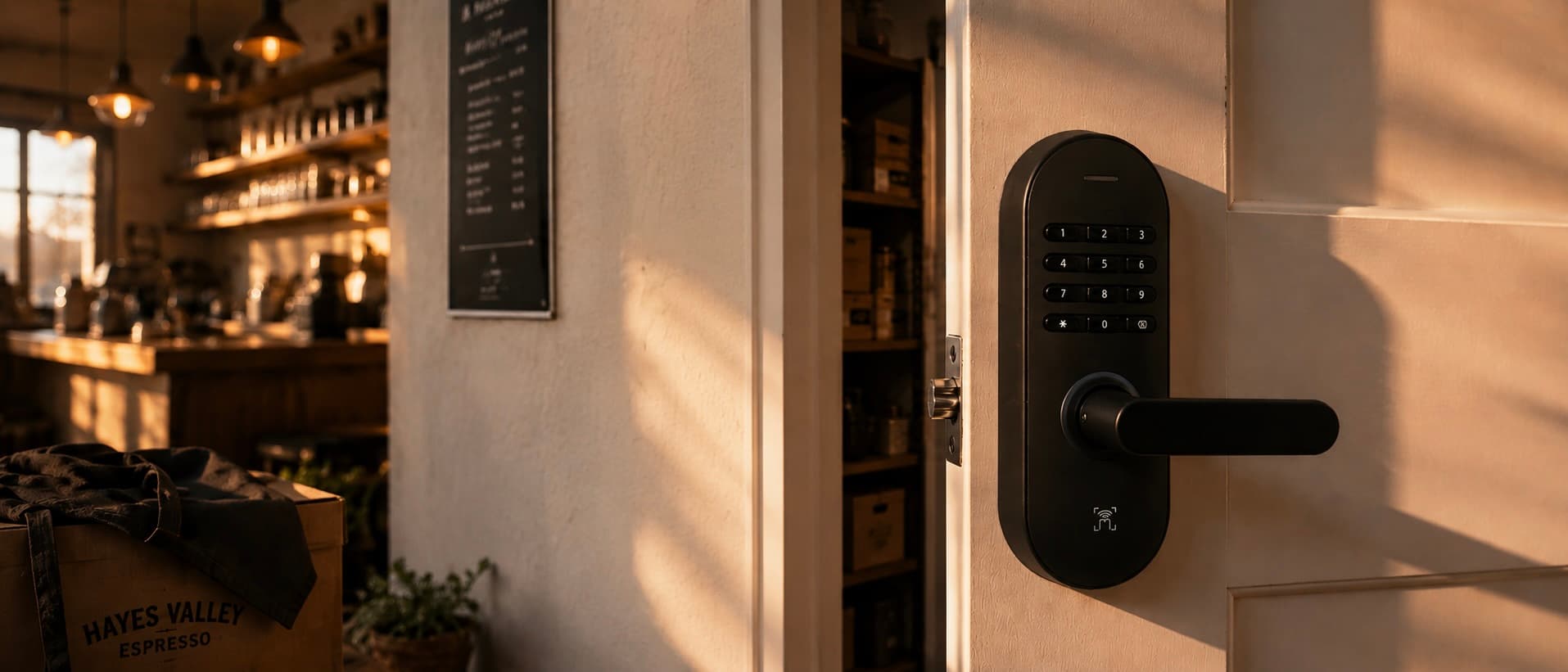 A retail interior with a Yedi smart lock on the back-of-house door, warm light spilling from the customer area beyond.